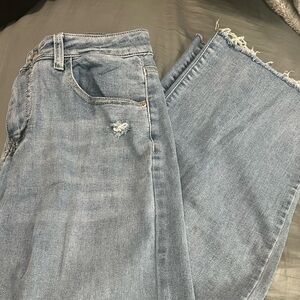 Blue Flare Wide Leg Jeans with Distressed Details